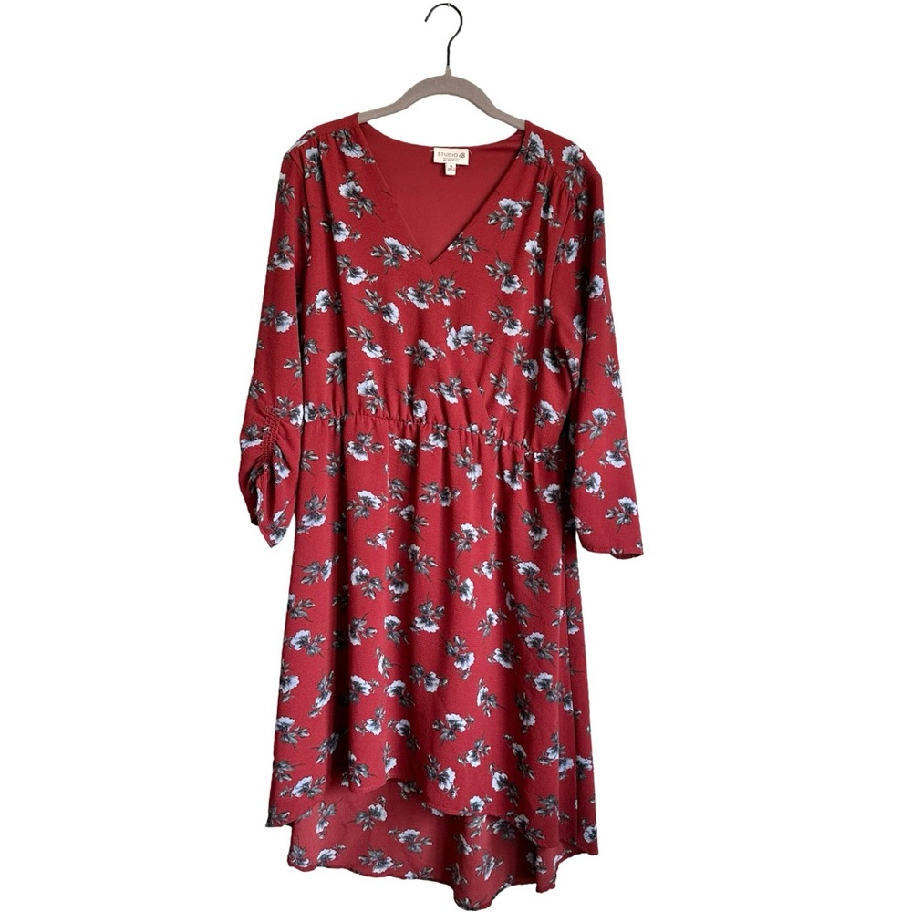 Studio B Women’s Red Fall Floral High Low V-Neck Long Sleeve Dress Size XL EUC
